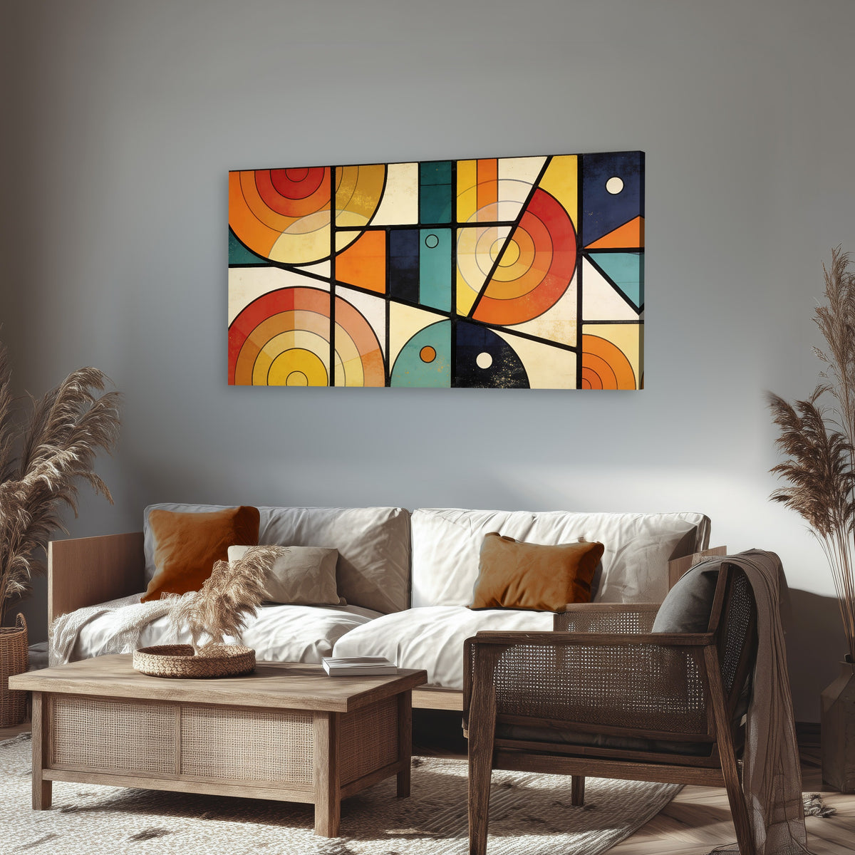 Mid century geometric abstract painting canvas wall art in a rustic living room