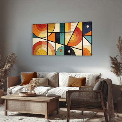 Mid century geometric abstract painting canvas wall art in a rustic living room