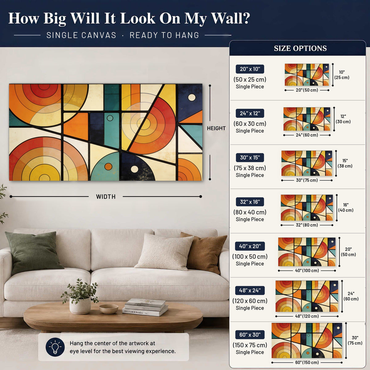 Mid century geometric abstract painting canvas wall art size guide above a sofa