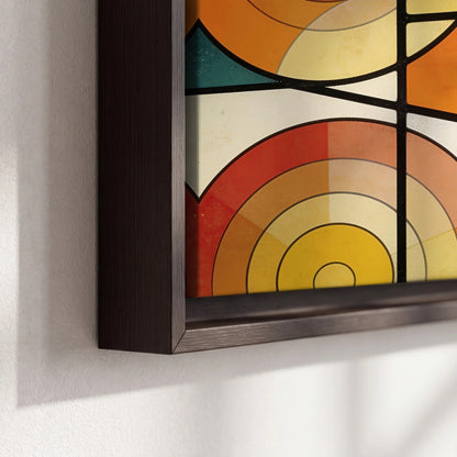 Mid century geometric abstract painting framed canvas close-up showing the floating frame