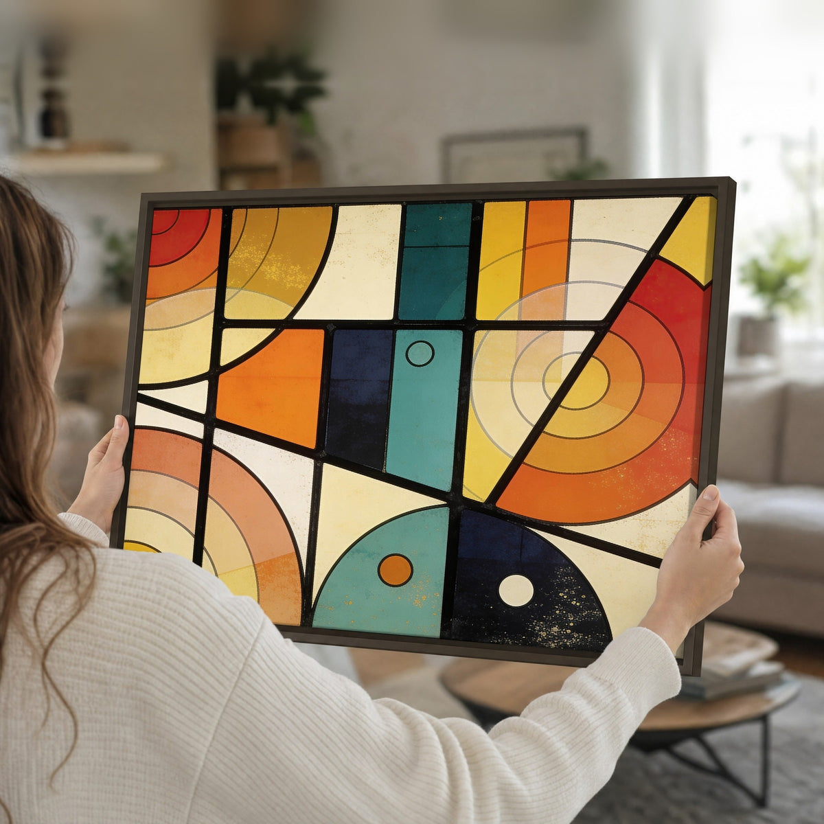 Mid century geometric abstract painting framed canvas held in hands