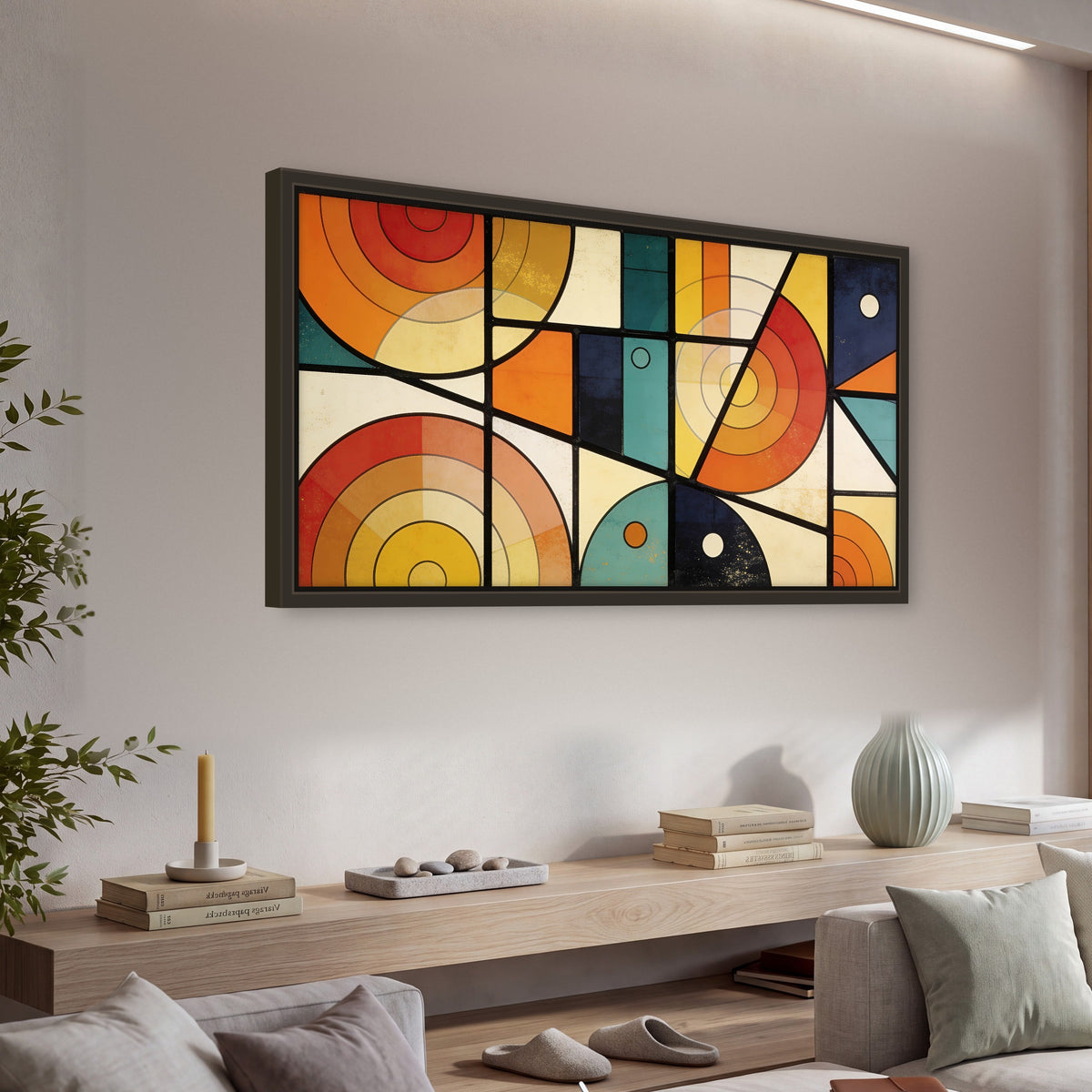 Mid century geometric abstract painting framed canvas wall art in a living room above a console