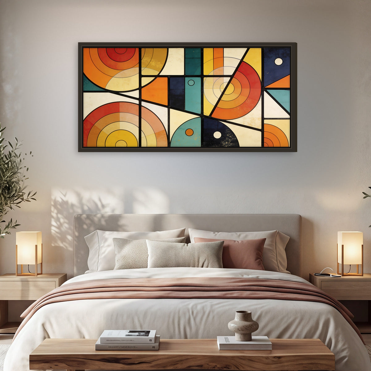 Mid century geometric abstract painting framed canvas wall art in a bedroom above the bed