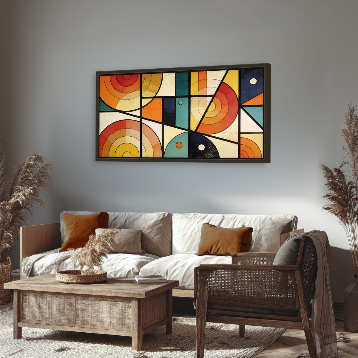 Mid century geometric abstract painting framed canvas wall art in a rustic living room