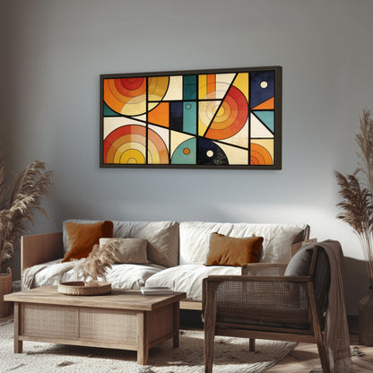 Mid century geometric abstract painting framed canvas wall art in a rustic living room