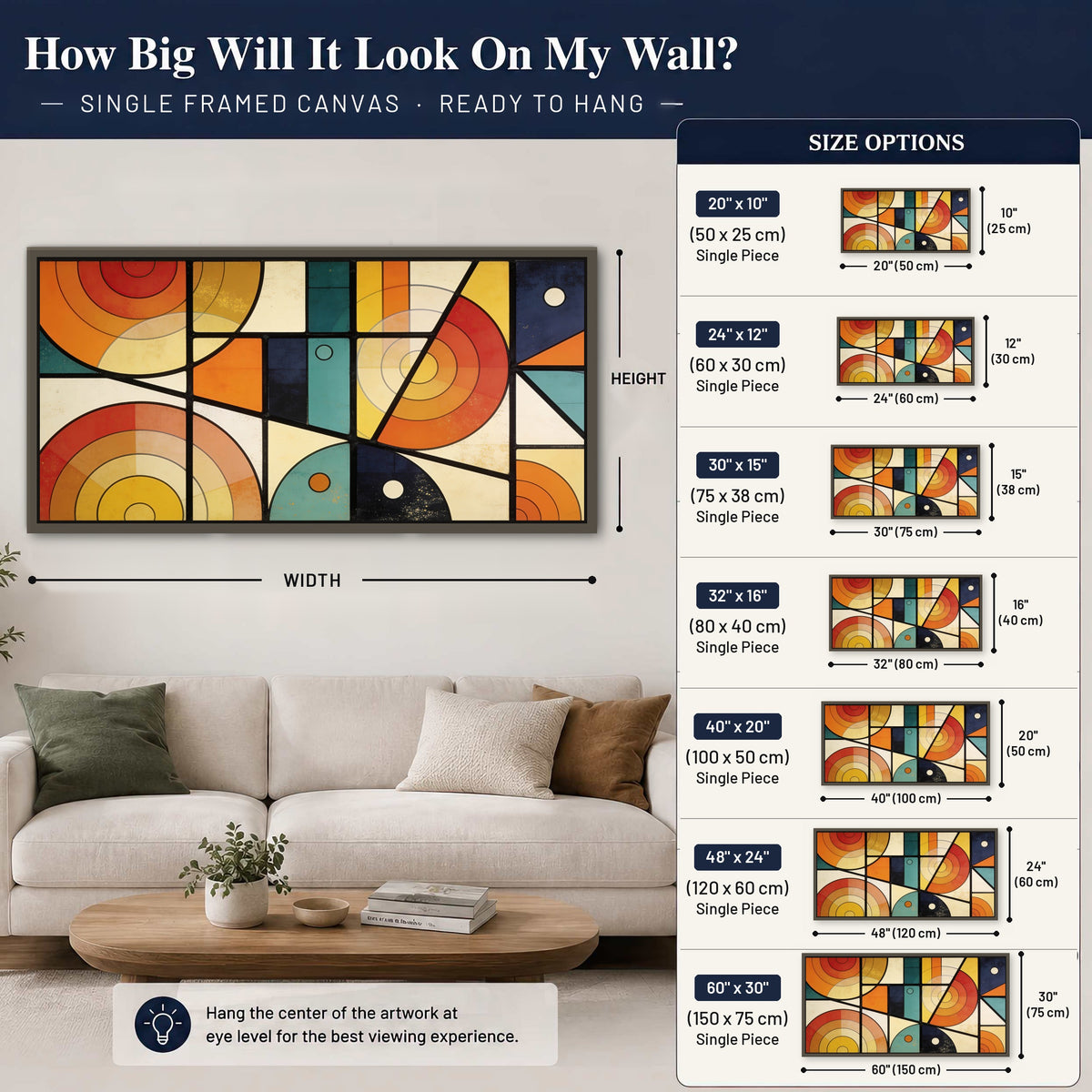 Mid century geometric abstract painting framed canvas wall art size guide above a sofa