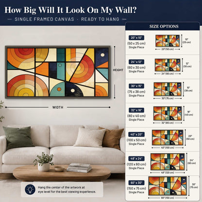Mid century geometric abstract painting framed canvas wall art size guide above a sofa