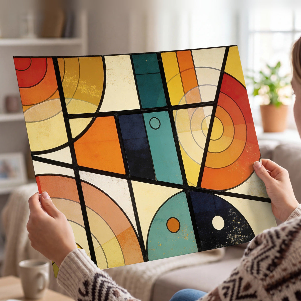 Mid century geometric abstract painting poster print held in hands