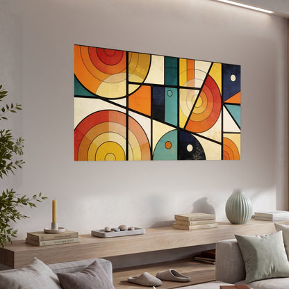 Mid century geometric abstract painting poster print in a living room above a console