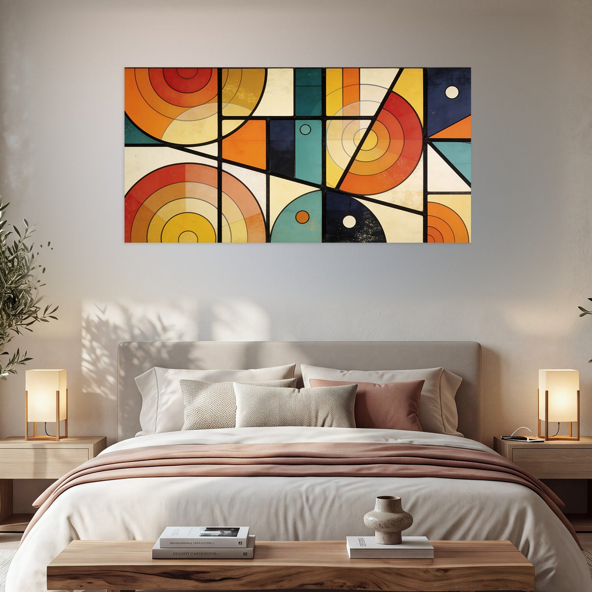 Mid century geometric abstract painting poster print in a bedroom above the bed