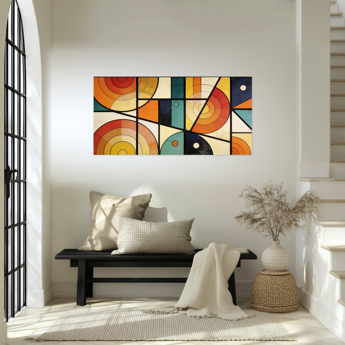 Mid century geometric abstract painting poster print in an entryway above a bench