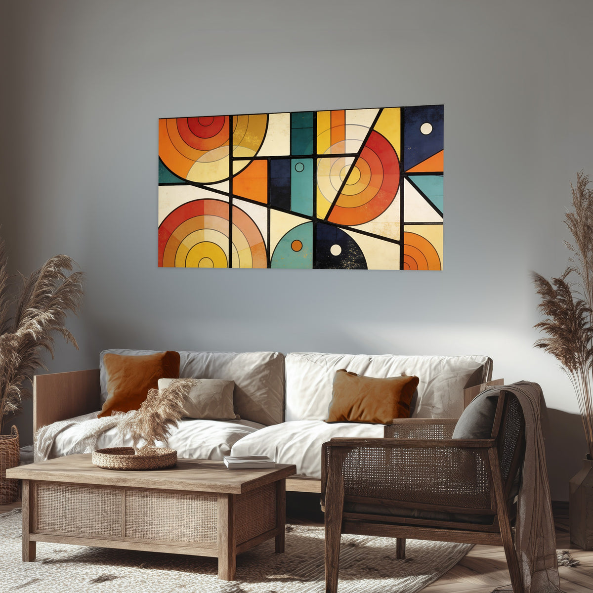 Mid century geometric abstract painting poster print in a rustic living room
