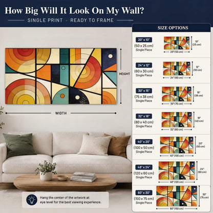 Mid century geometric abstract painting poster print size guide above a sofa