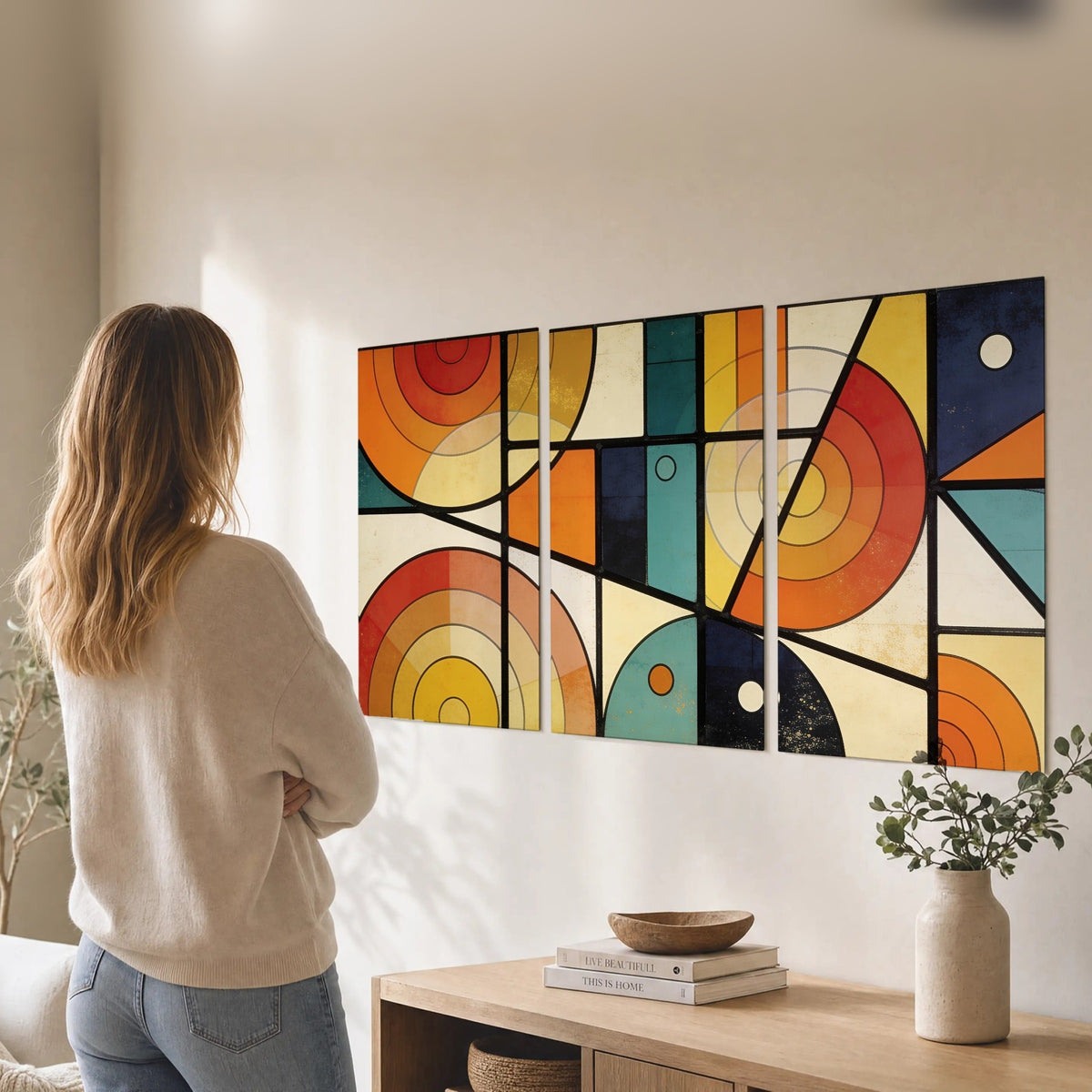 Mid century geometric abstract painting set of 3 poster prints in a living room