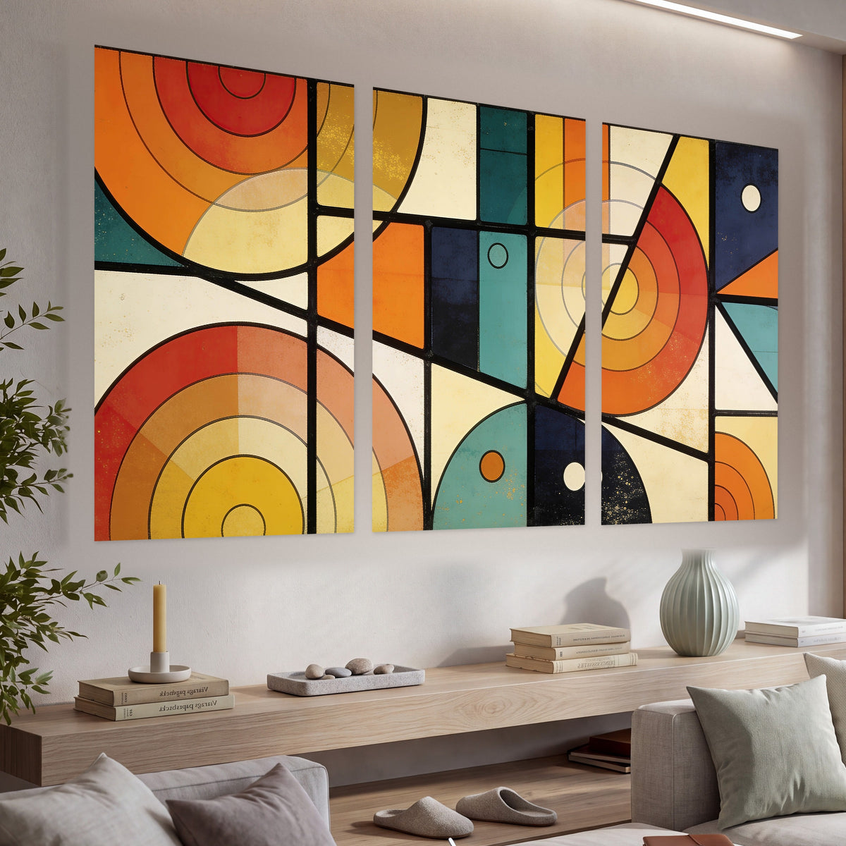 Mid century geometric abstract painting set of 3 poster prints in a living room above a console