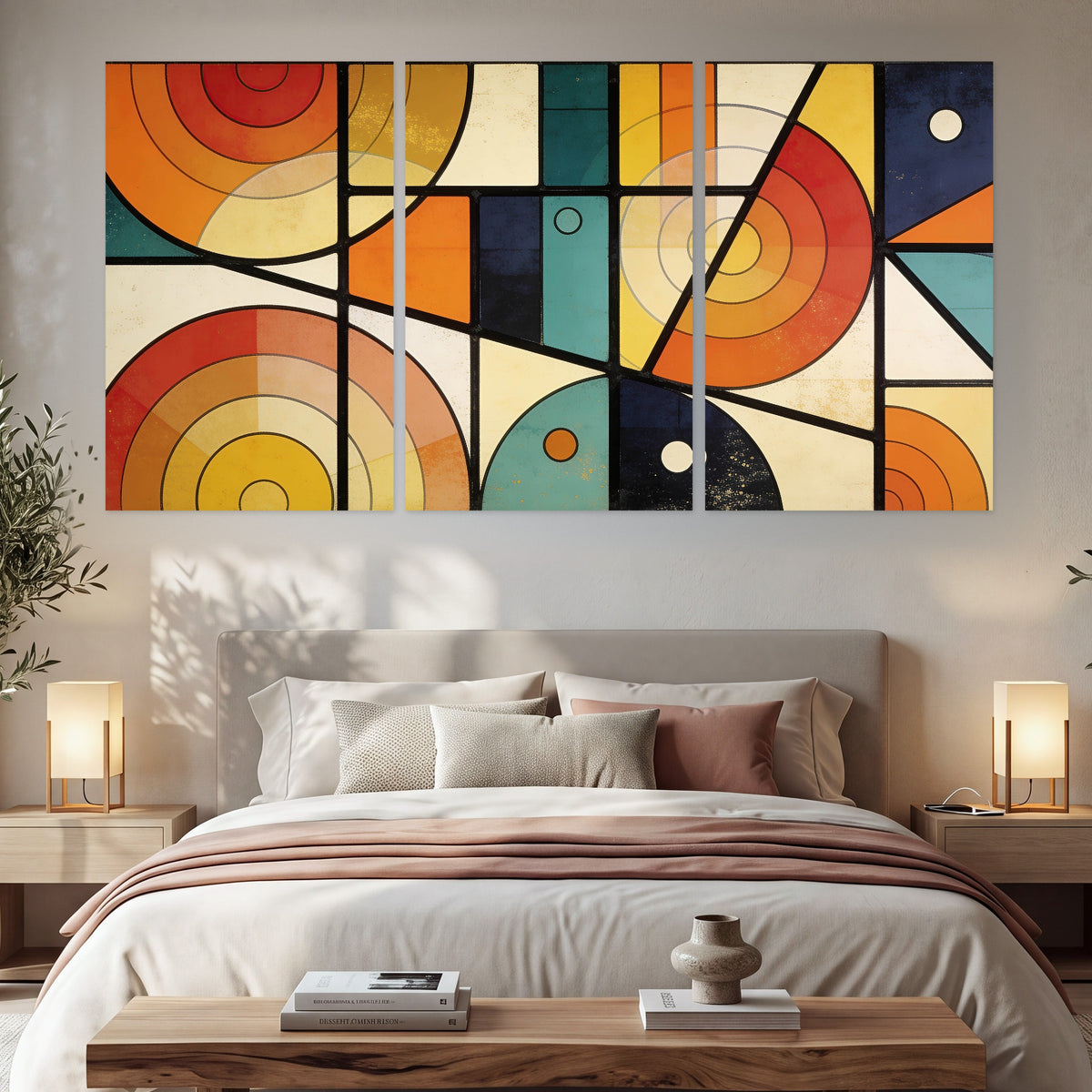 Mid century geometric abstract painting set of 3 poster prints in a bedroom above the bed
