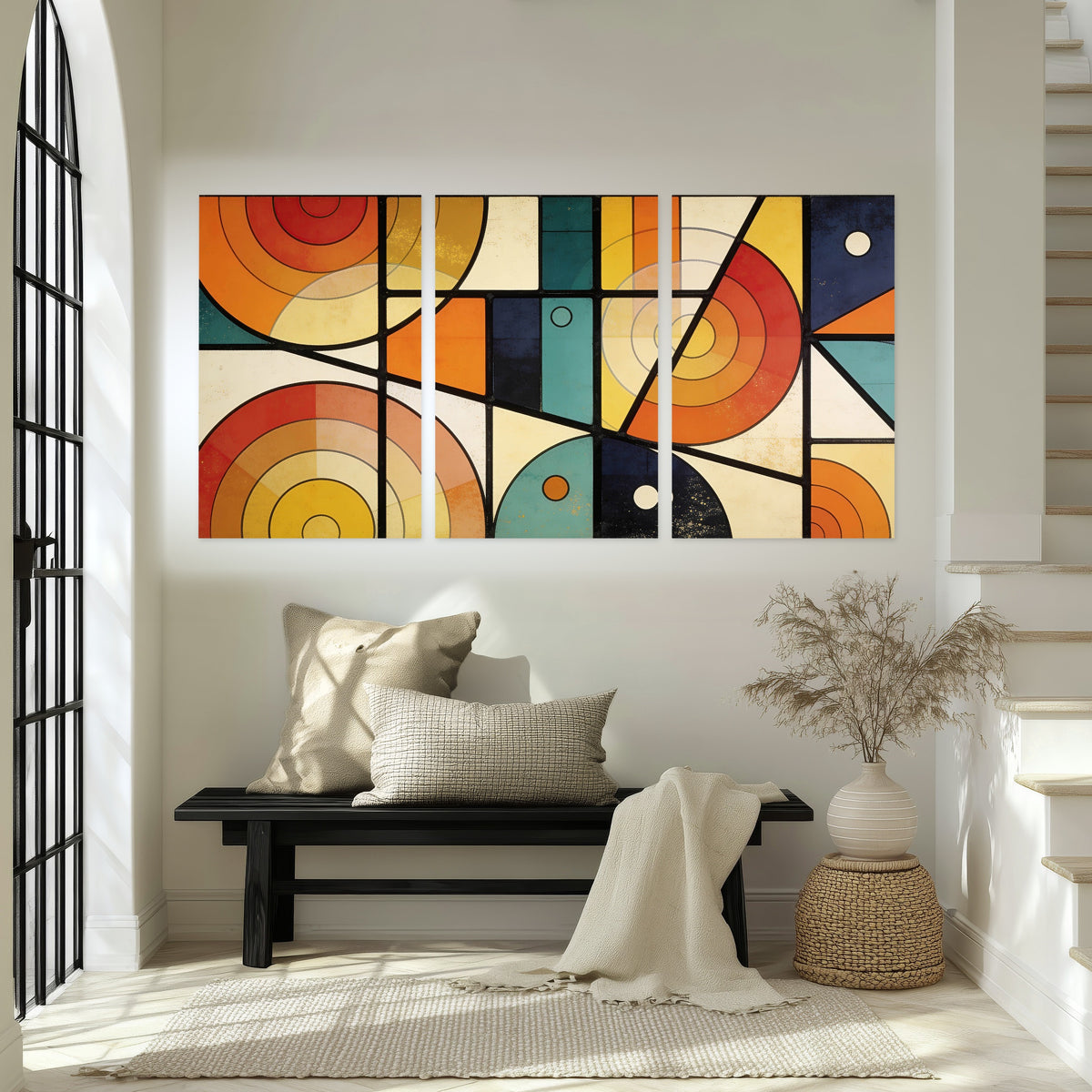 Mid century geometric abstract painting set of 3 poster prints in an entryway above a bench