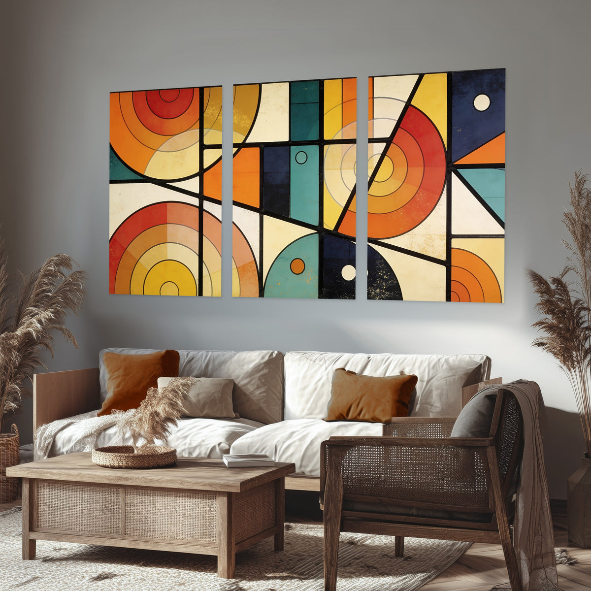 Mid century geometric abstract painting set of 3 poster prints in a rustic living room