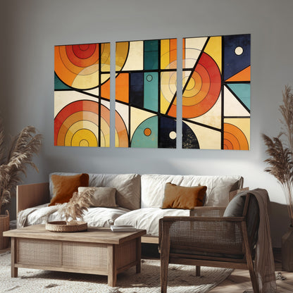 Mid century geometric abstract painting set of 3 poster prints in a rustic living room