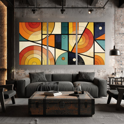 Mid century geometric abstract painting set of 3 poster prints in an industrial loft