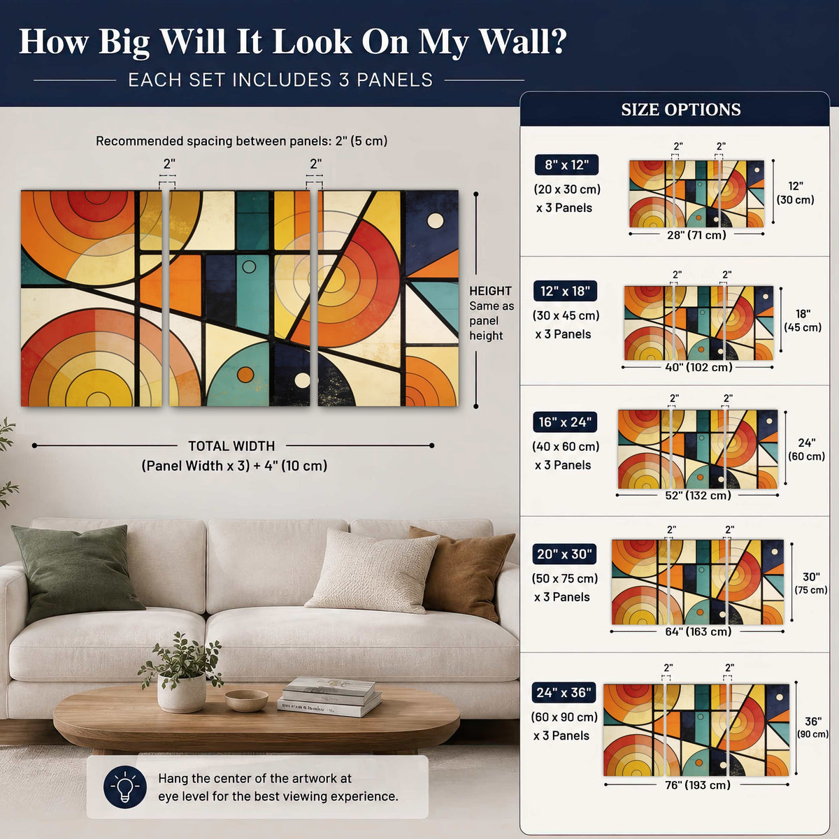 Mid century geometric abstract painting set of 3 poster prints size guide above a sofa