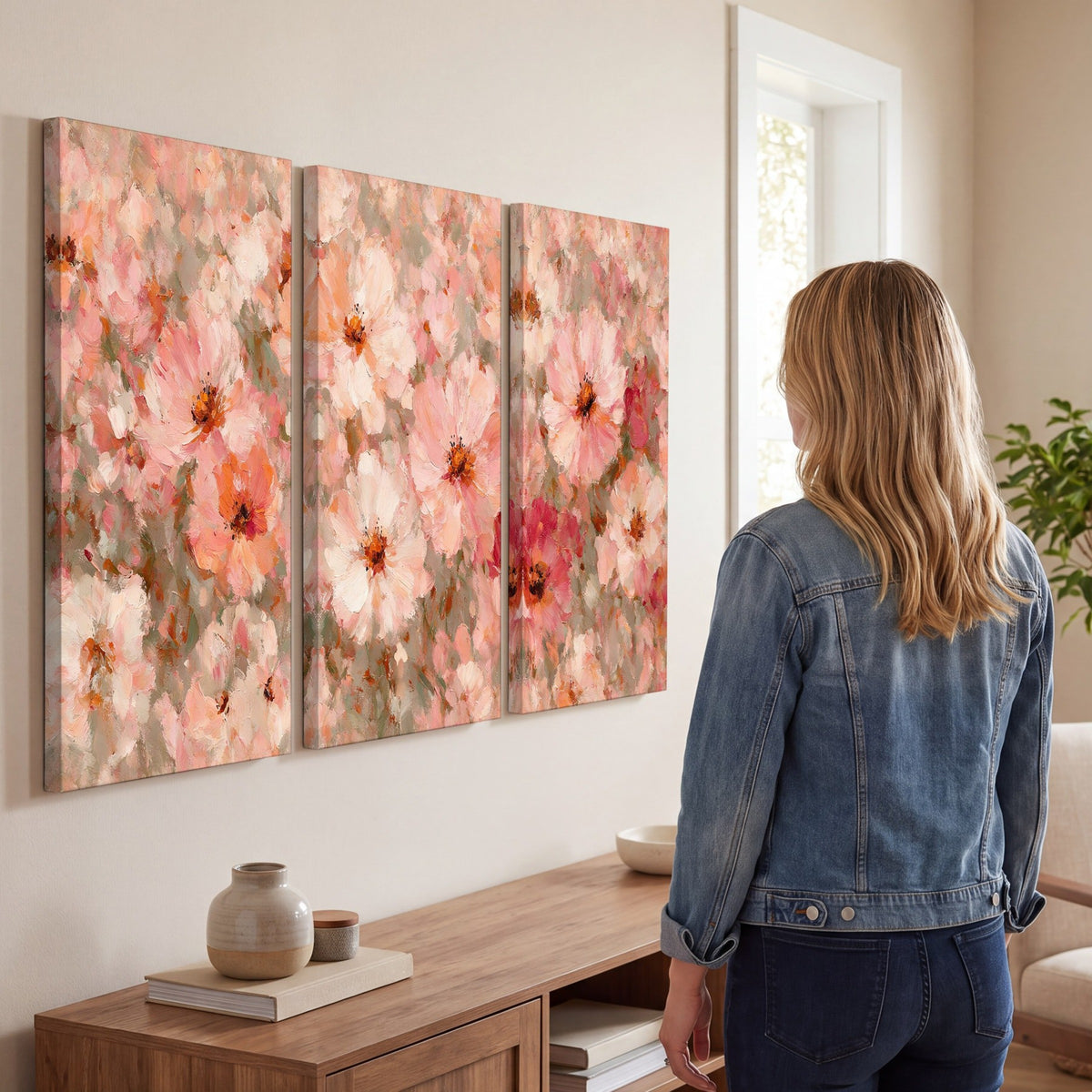 Blush pink flowers painting 3 piece canvas wall art in a living room