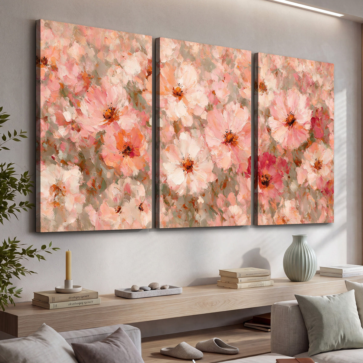 Blush pink flowers painting 3 piece canvas wall art in a living room above a console