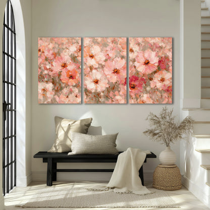 Blush pink flowers painting 3 piece canvas wall art in an entryway above a bench