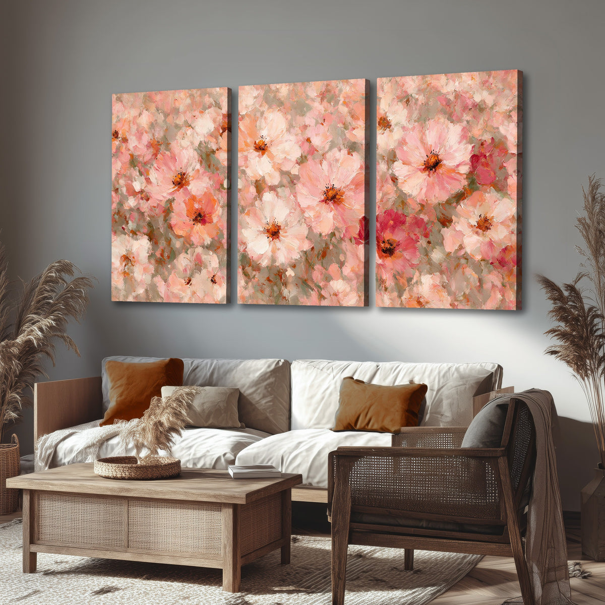 Blush pink flowers painting 3 piece canvas wall art in a rustic living room