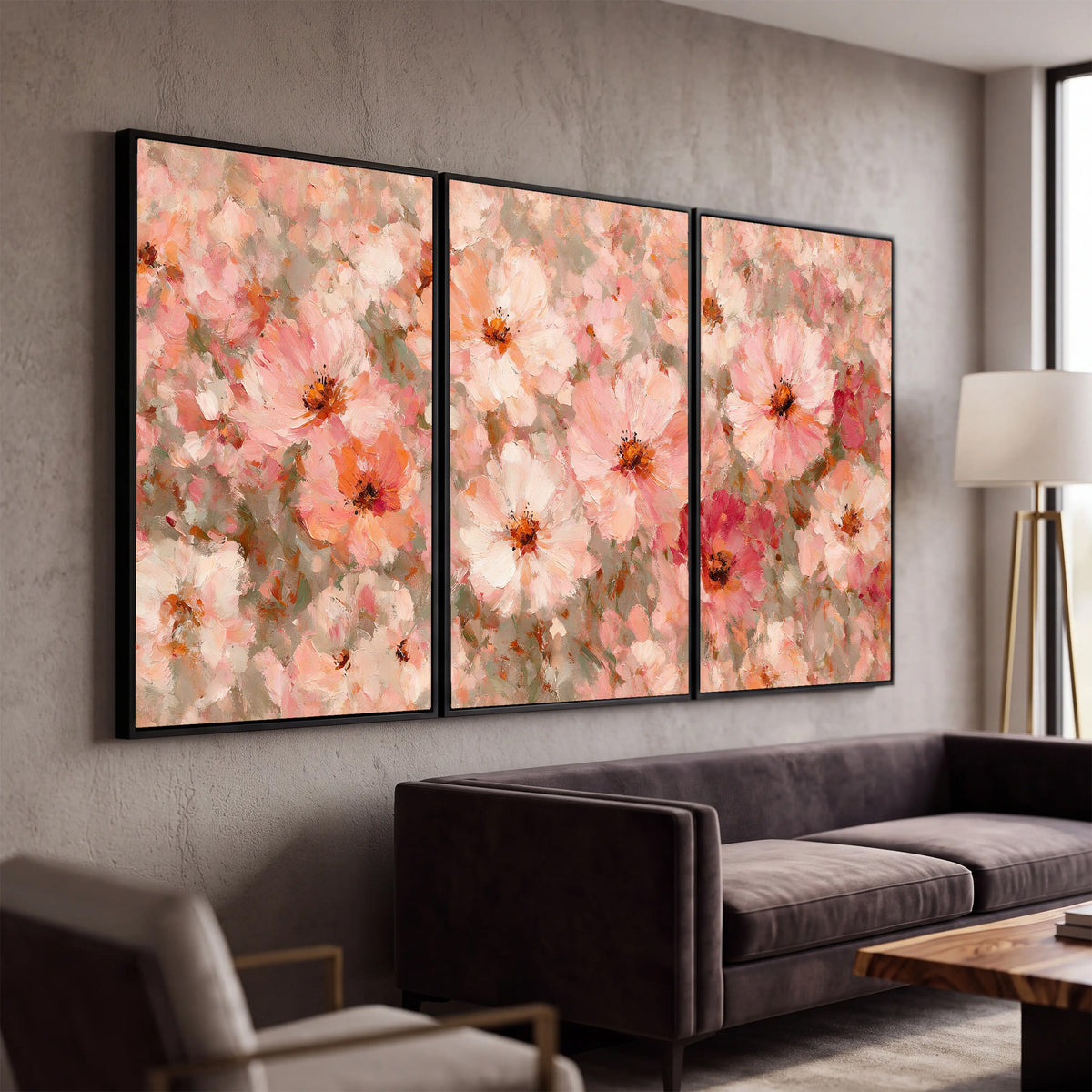 Blush pink flowers painting 3 piece canvas wall art in a modern living room