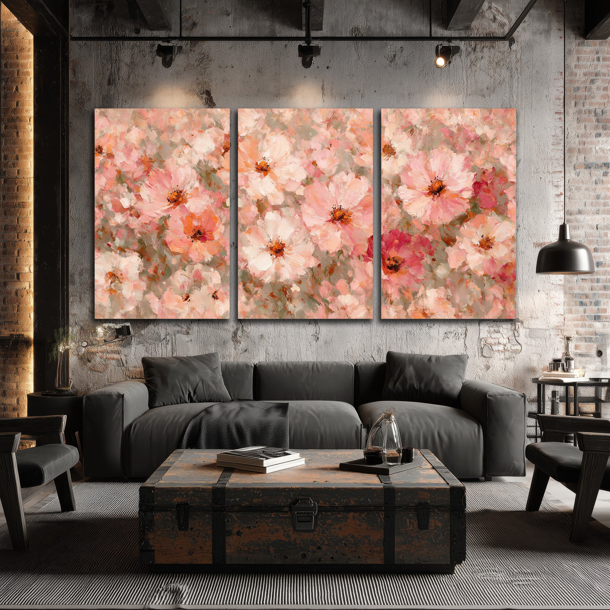 Blush pink flowers painting 3 piece canvas wall art in an industrial loft