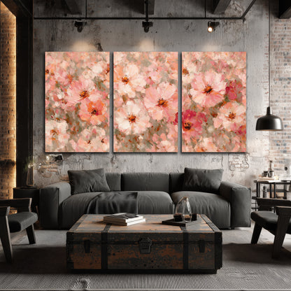 Blush pink flowers painting 3 piece canvas wall art in an industrial loft