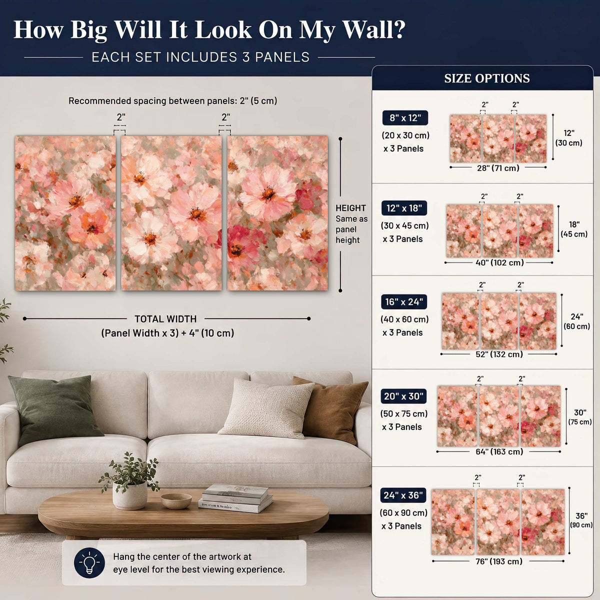 Blush pink flowers painting 3 piece canvas wall art size guide above a sofa