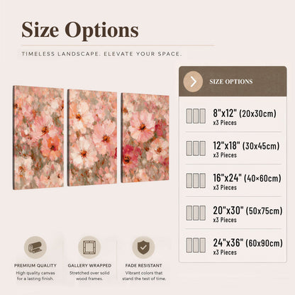 Blush pink flowers painting 3 piece canvas wall art size options