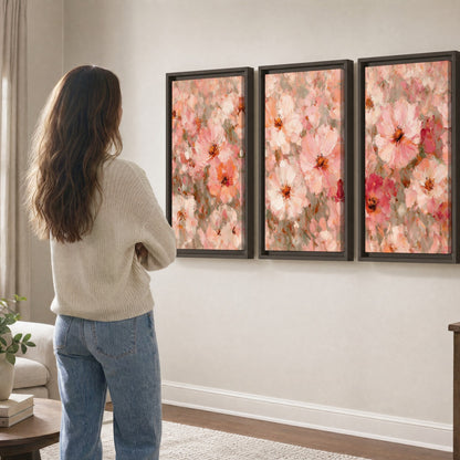 Blush pink flowers painting 3 piece framed canvas in a living room