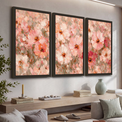 Blush pink flowers painting 3 piece framed canvas in a living room above a console
