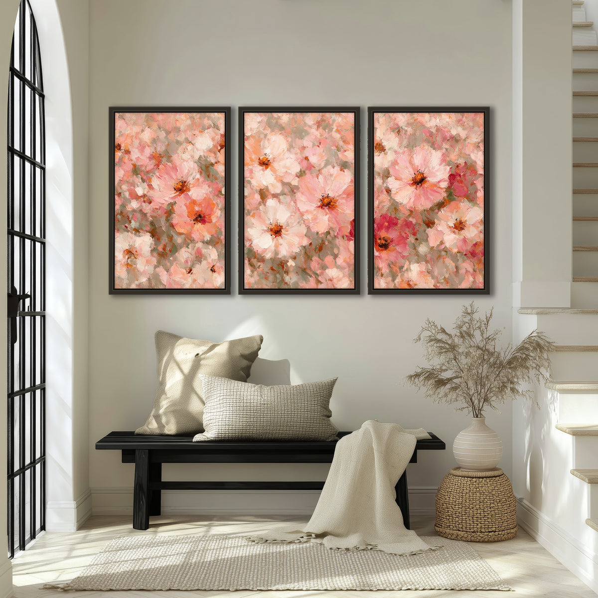 Blush pink flowers painting 3 piece framed canvas in an entryway above a bench