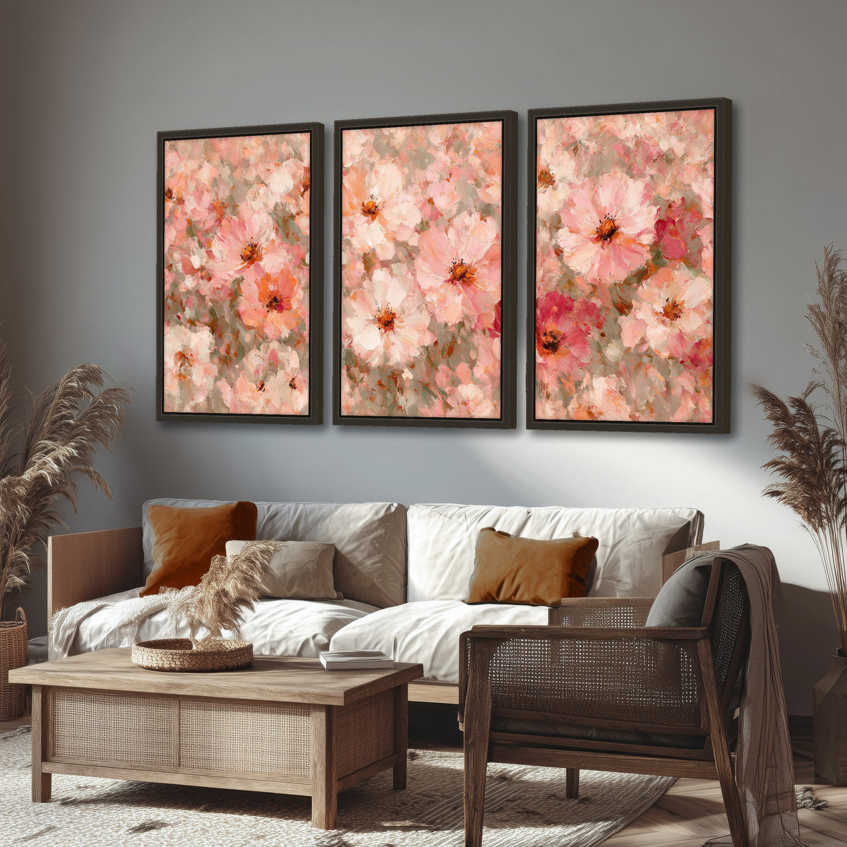 Blush pink flowers painting 3 piece framed canvas in a rustic living room