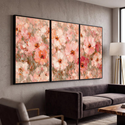 Blush pink flowers painting 3 piece framed canvas in a modern living room