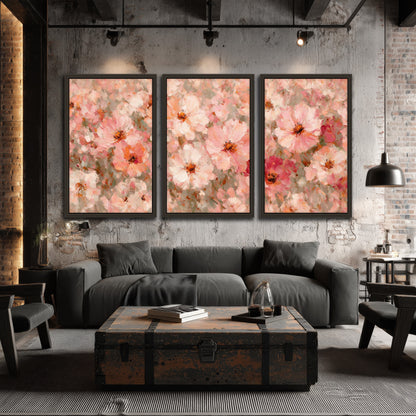 Blush pink flowers painting 3 piece framed canvas in an industrial loft