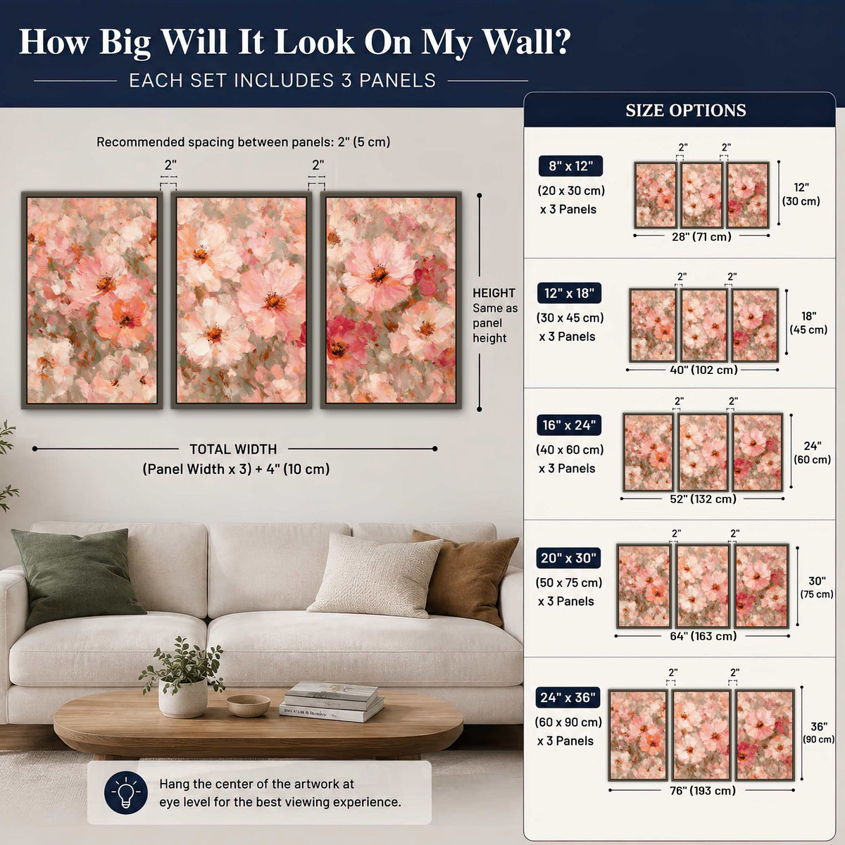 Blush pink flowers painting 3 piece framed canvas size guide above a sofa