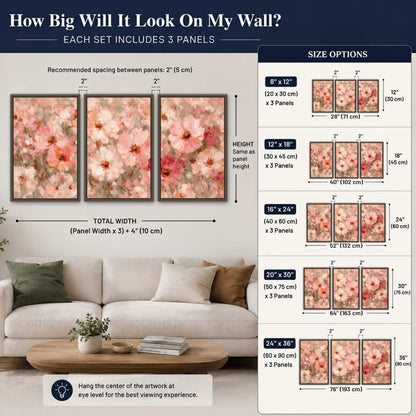 Blush pink flowers painting 3 piece framed canvas size guide above a sofa