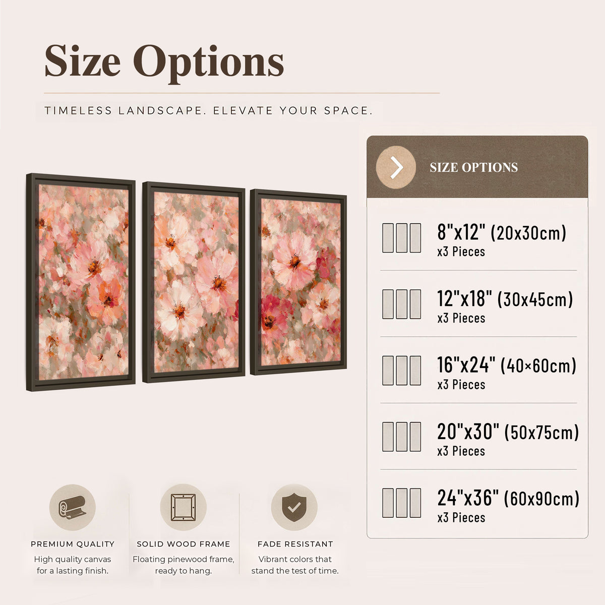 Blush pink flowers painting 3 piece framed canvas size options