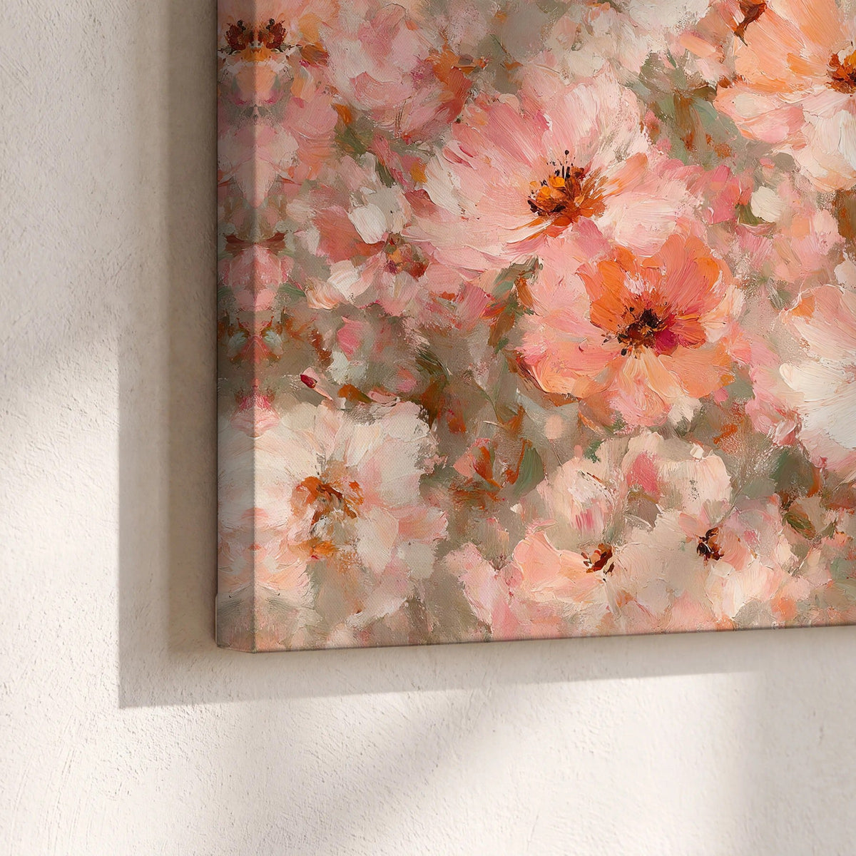Blush pink flowers painting canvas print close-up showing the gallery-wrapped edge