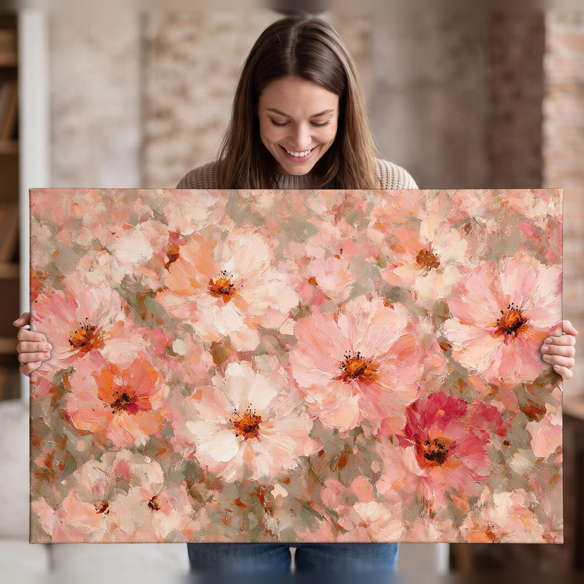 Blush pink flowers painting canvas wall art held in hands