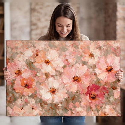 Blush pink flowers painting canvas wall art held in hands