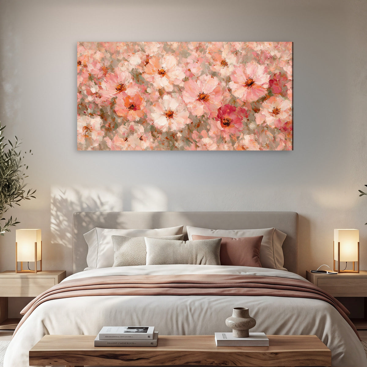 Blush pink flowers painting canvas wall art in a bedroom above the bed