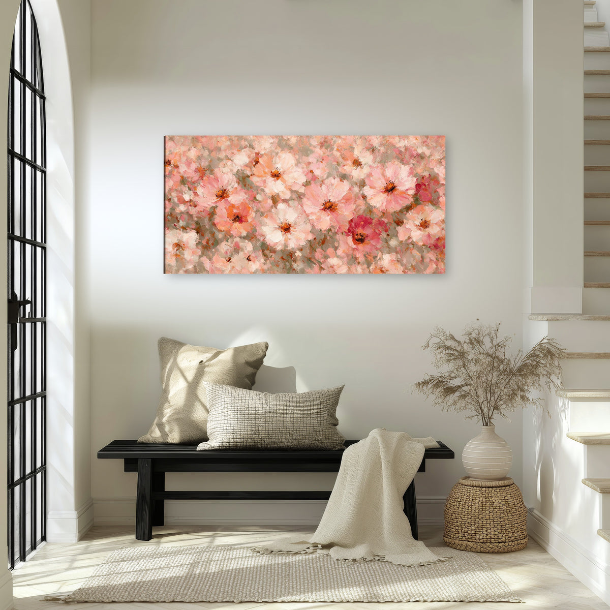 Blush pink flowers painting canvas wall art in an entryway above a bench