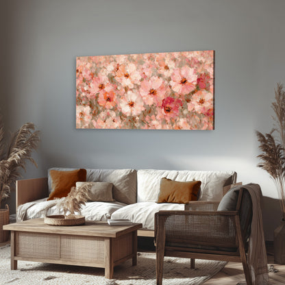 Blush pink flowers painting canvas wall art in a rustic living room