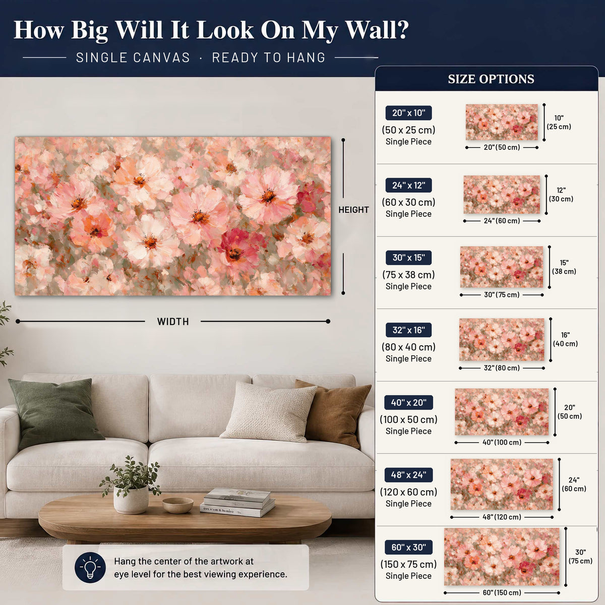 Blush pink flowers painting canvas wall art size guide above a sofa